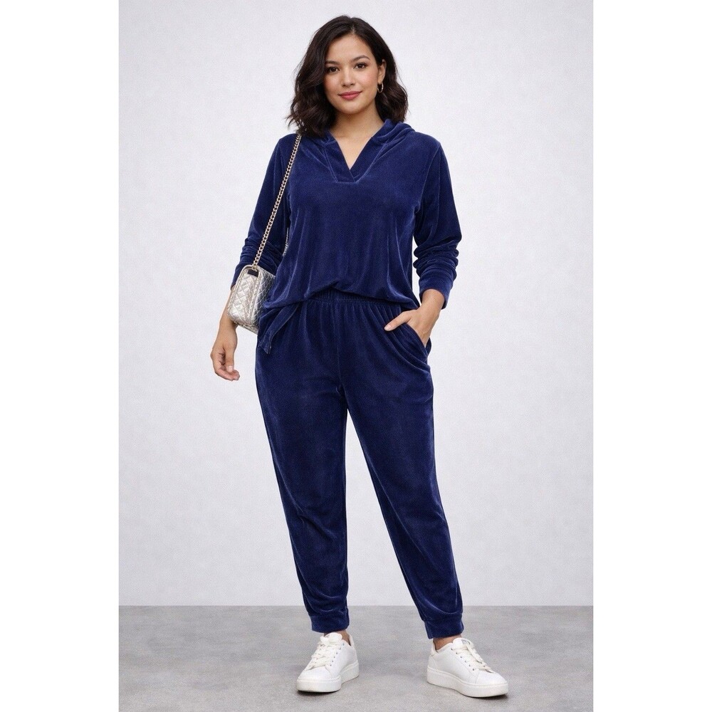 Y2K 2Piece Tracksuit Navy Velour Velvet Lounge Set PM Petite Elevated Athleisure